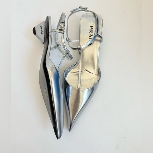 Prada Metallic Grey leather Modellerie Pointed Toe Kitten Heel Pump EU 39.5 - Picture 3 of 12